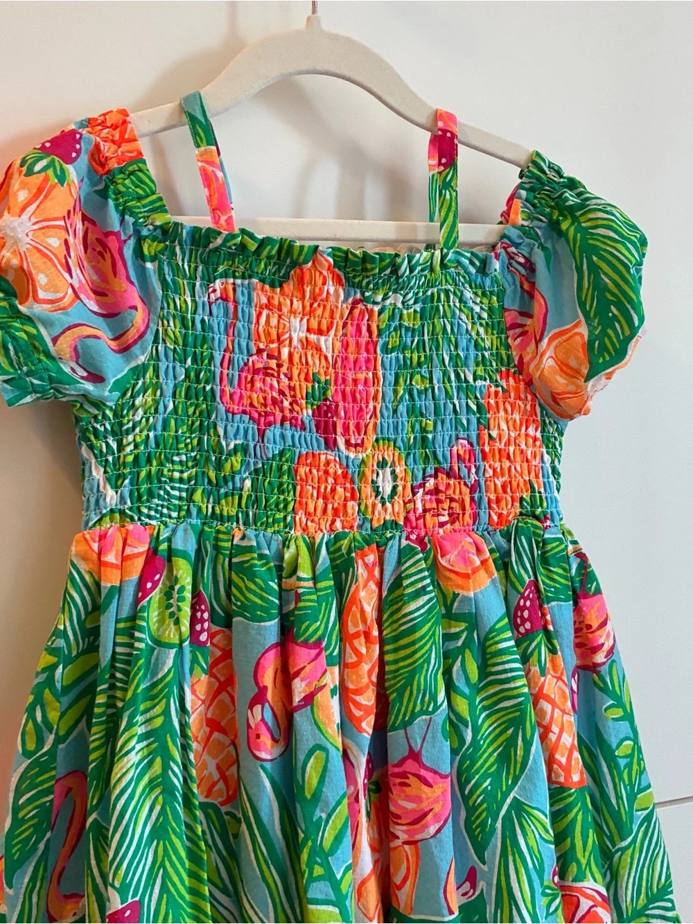Girls' Tropical Green Pink and Orange Smocked Sundress Size 7
